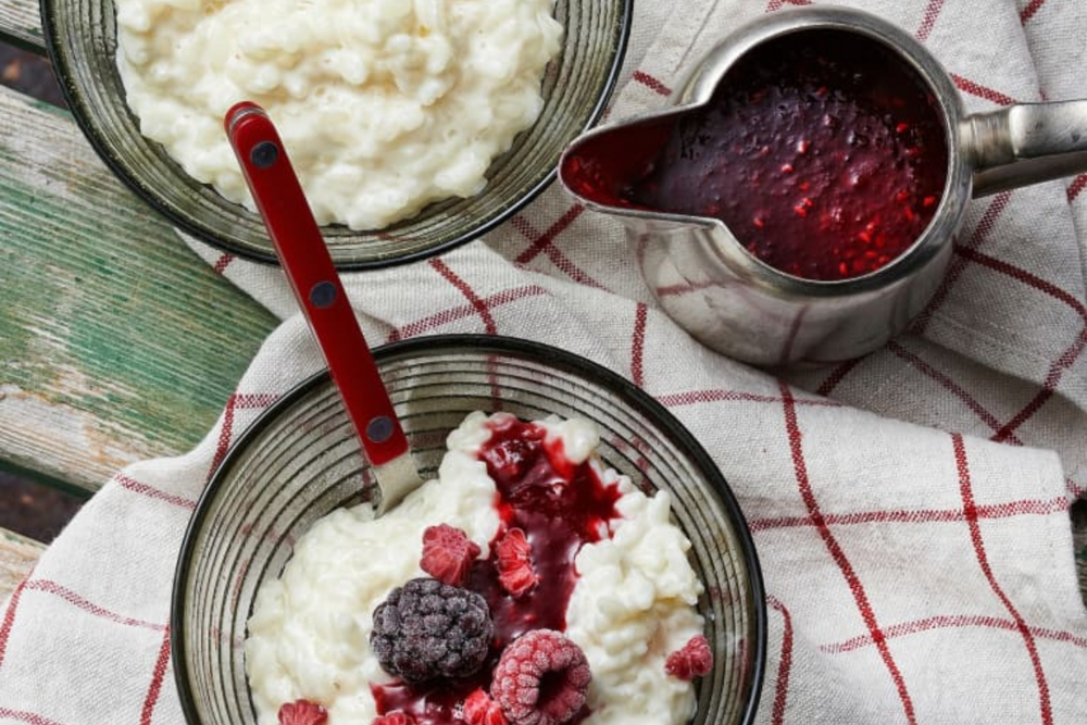 Coconut Rice Pudding with Stewed Mixed Berries