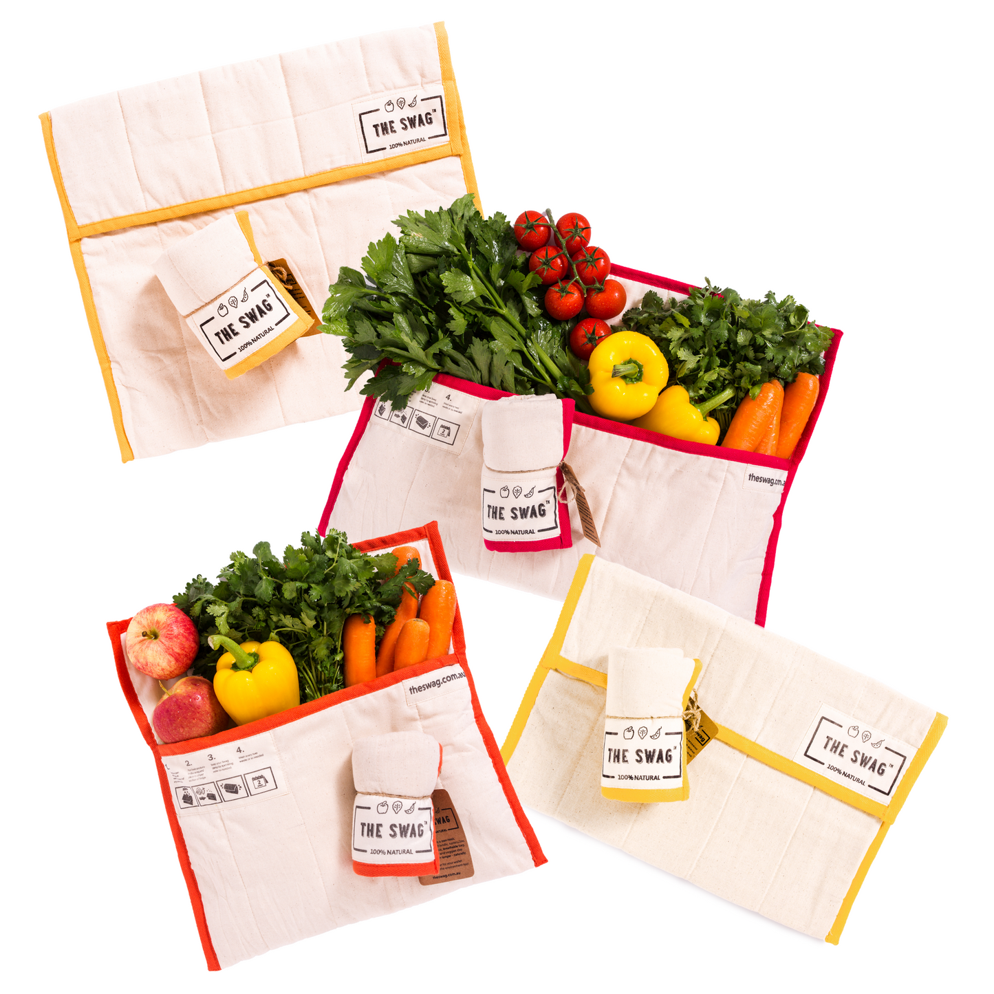 The Swag produce bags for the fridge to keep your produce fresher for longer featuring the 100% natural, reusable and machine washable items contained in The Starter Bundle - The Swag AU