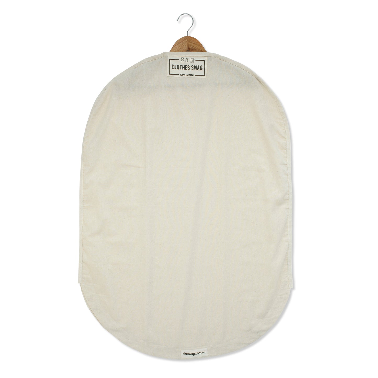 The Swag reusable Clothes Swag hanging from a wooden coat hander with white background - The Swag AU