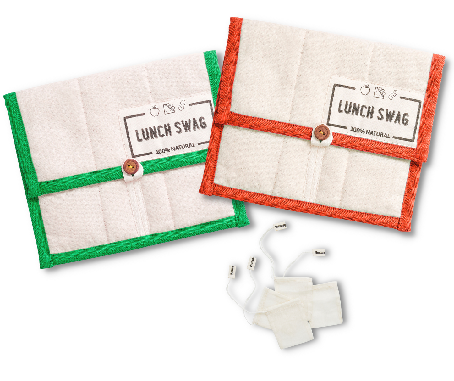 The Swag's two reusable Lunch Swags for sandwiches and snacks plus a Tea Swag set of four reusable tea bags - The Swag AU