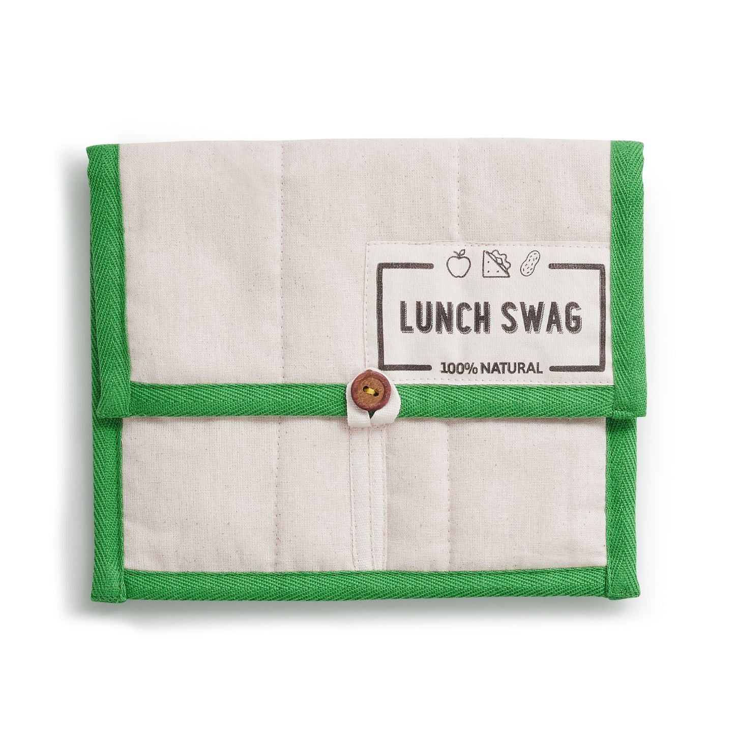 The Swag reusable Lunch Swag with a green trim showing the Lunch Swag logo and a bamboo button closure - The Swag AU