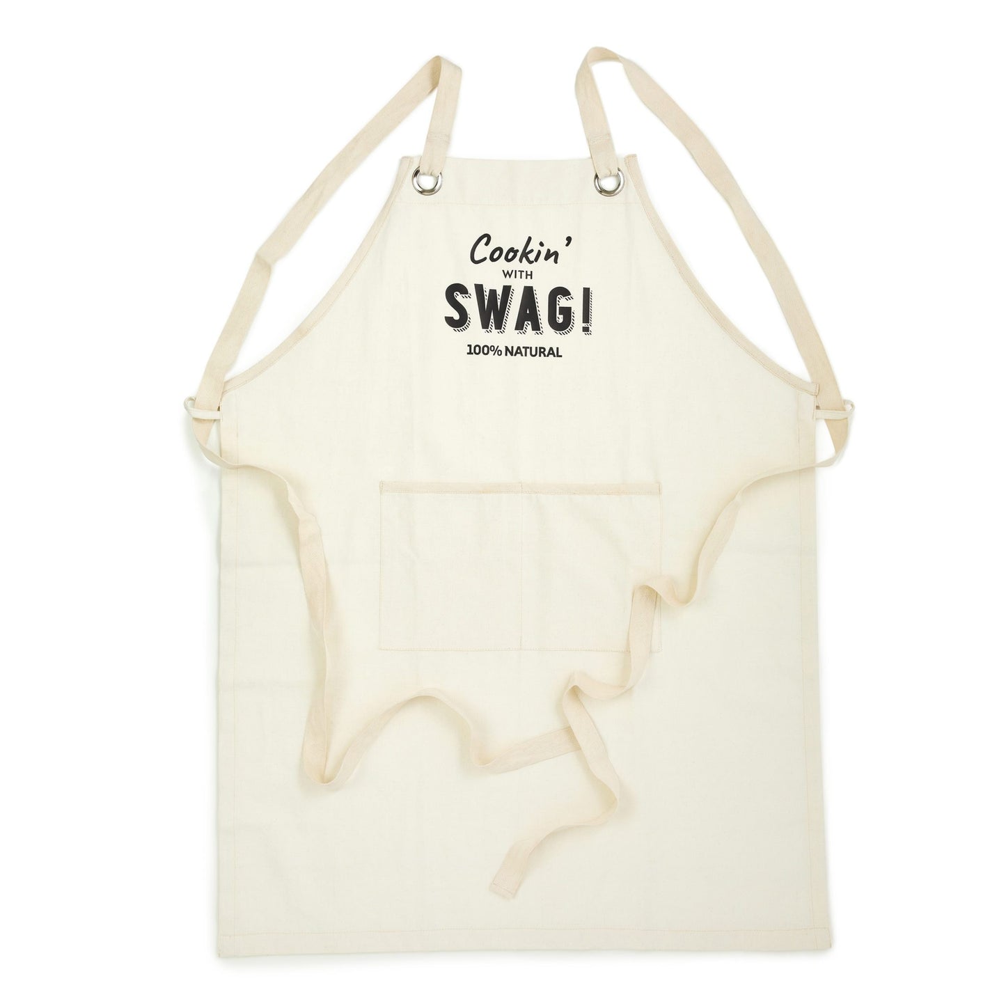 A gorgeous, beautifully handmade apron made from unbleached unseeded cotton and featuring the slogan "Cookin' with Swag" - The Swag AU