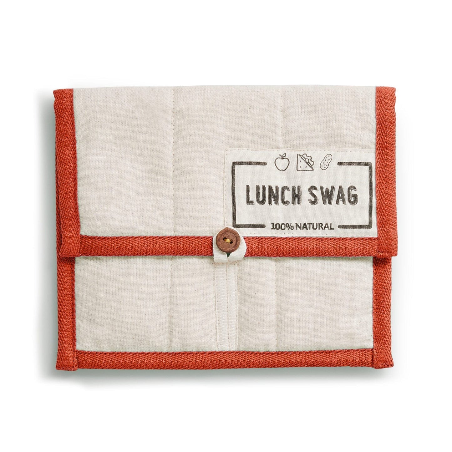 The Swag reusable Lunch Swag with an orange trim showing the Lunch Swag logo and a bamboo button closure - The Swag AU