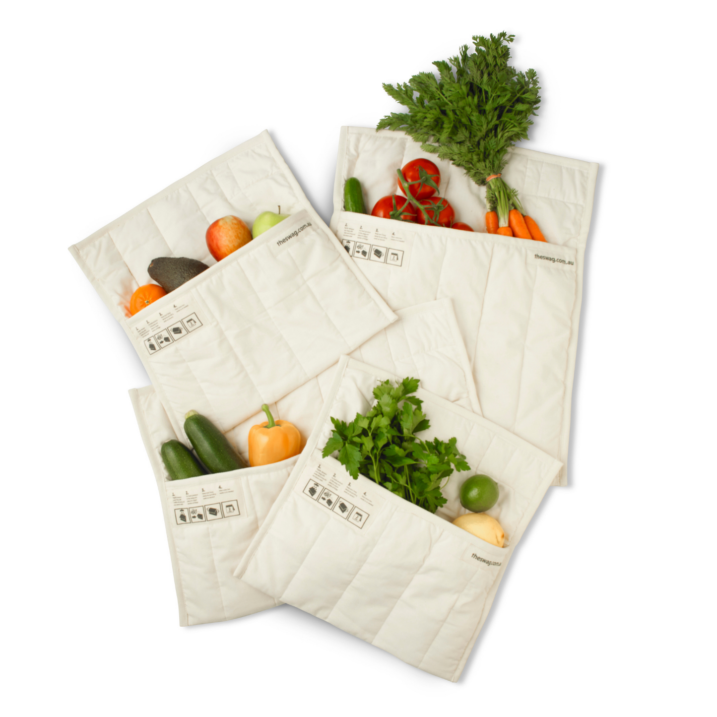 The Swag certified organic and reusable produce bags for the fridge laid out flat with fruit and vegetables  - The Swag AU