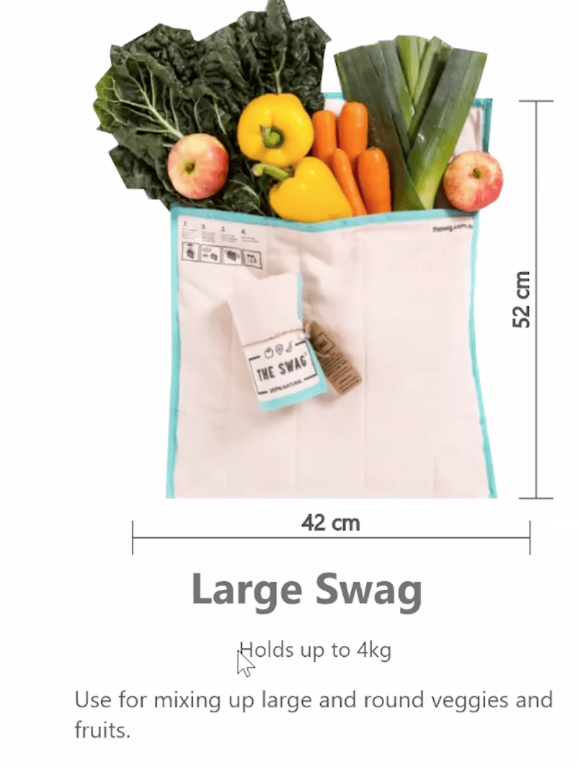 The Swag 100% natural and reusable produce bags for the fridge showing the dimensions and how much the large bag holds - The Swag AU