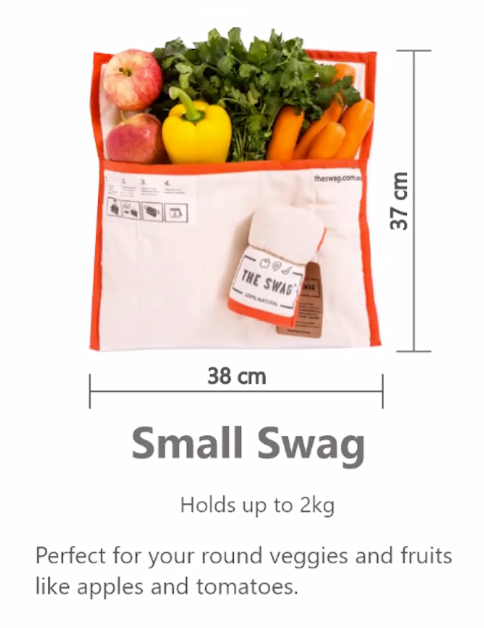 The Swag 100% natural and reusable produce bags for the fridge showing the dimensions of the small size and how much they hold - The Swag AU