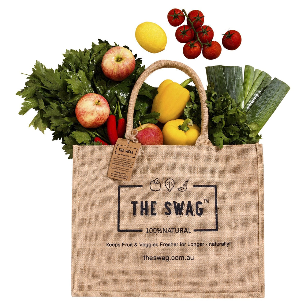 Reusable and 100% natural carry bags made from hessian and filled with fresh fruit and veggies - The Swag AU

