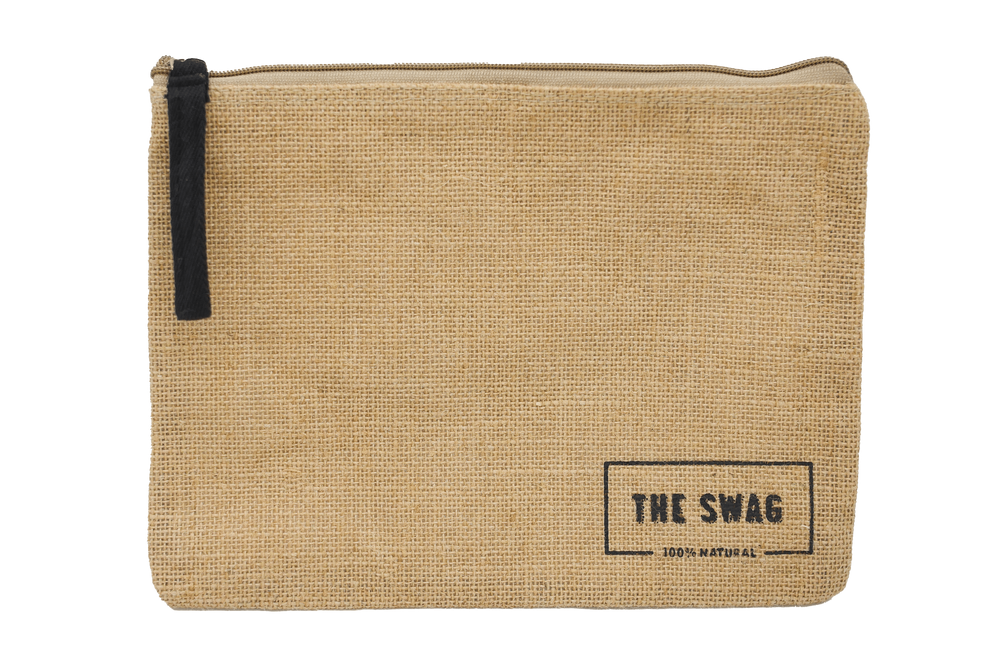 The Swag Beauty Case featuring the black Swag logo on the hessian fabric  with a zipper and black zipper tag- The Swag AU