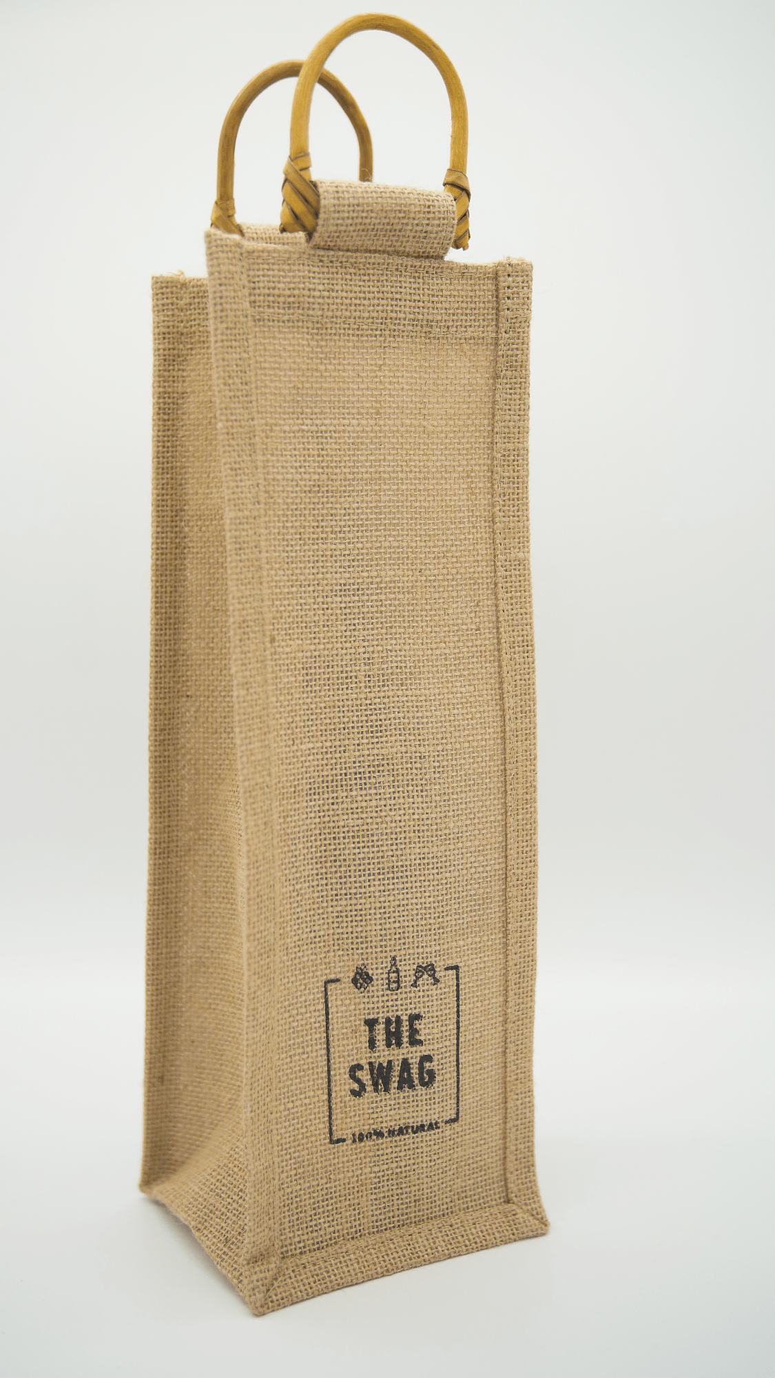 The Swag wine carry bag made from hessian with lovely bamboo handles and The Swag logo - The Swag AU