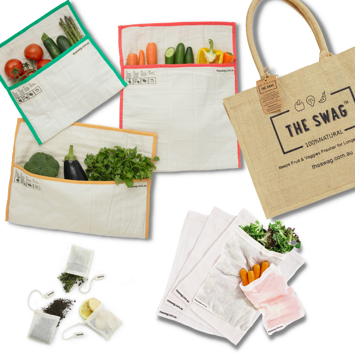 Produce bags for the fridge to keep your produce fresher for longer featuring the 100% natural, reusable and machine washable items contained in the Zero waste Gift giving bundle - The Swag AU